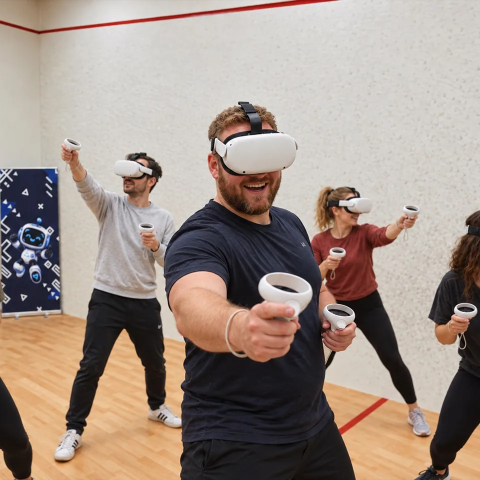 Lachender VR-Spieler mit Headset und Controllern vor weiteren gemeinsam spielenden Erwachsenen in einem Squashcourt.